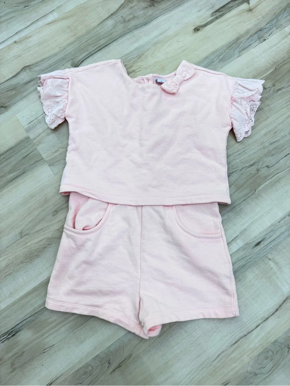 Janie & Jack one piece pink ruffle bow romper jumpsuit comfy cotton blend Sz 7